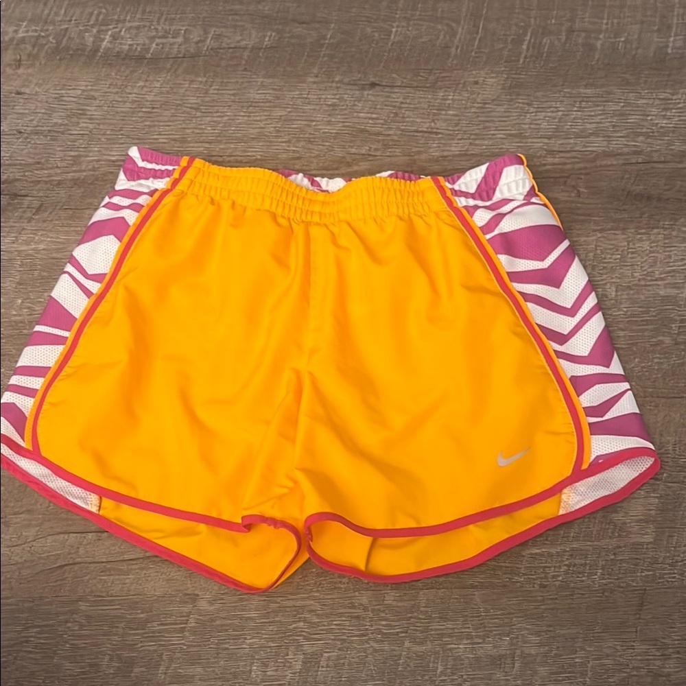 Nike Women's Yellow and Pink Athletic Shorts